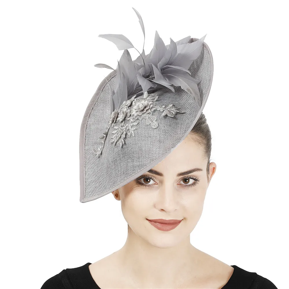 

Fashion Lady Grey Bridal Derby Pillbox Hat With Feather Flower Imitation Sinamay Lace Hat Women Wedding Hair Accessories SYF756