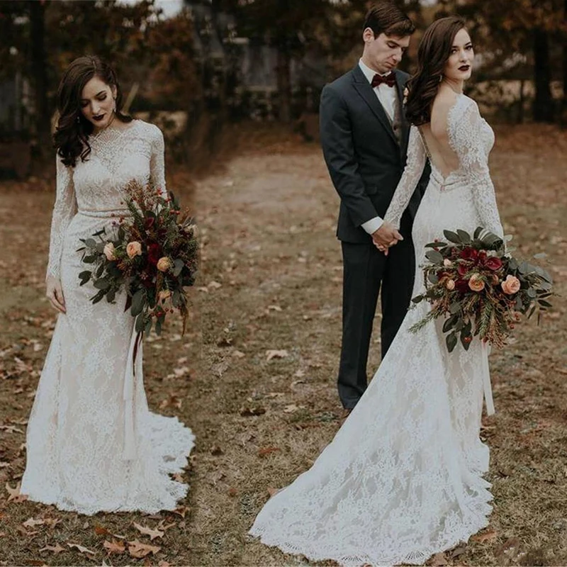 

Sexy Backless Lace Mermaid Wedding Dresses Long Sleeve Bridal Wedding Gowns For Bridal Beading Sashes вечернее платьvestidos