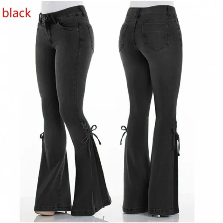 MoneRffi, женские джинсы, повседневные, тонкие, тянущиеся, джинсы с талией, негабаритные, длинные, расклешенные, брюки, светильник, синие, широкие, брюки для женщин - Цвет: Black