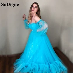SoDigne Bule Tulle Prom Dresses 2021 Off-the-Shoulder Long Sleeves Formal Dress Tiered Floor-Length Evening Dress
