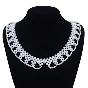 

Womens Detachable Vintage Blouse False Collar Handmade Woven Water Drop Imitation Pearl Pendant Jewelry Chunky Choker Necklace