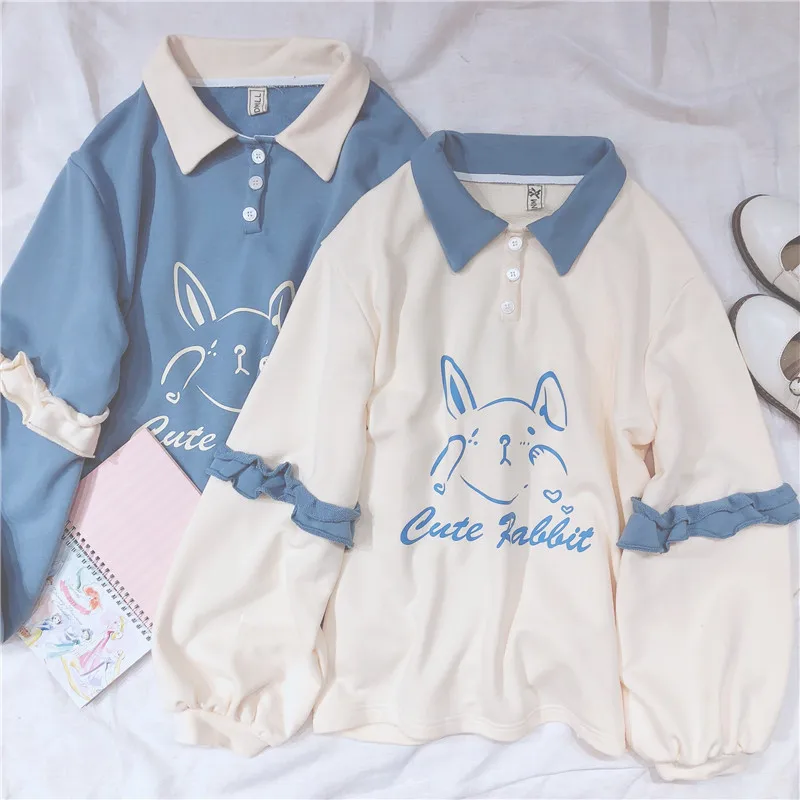 Милый кролик с буквенным принтом Толстовка длинный рукав отложной воротник Свободный пуловер Модный повседневный Kawaii японский свитер