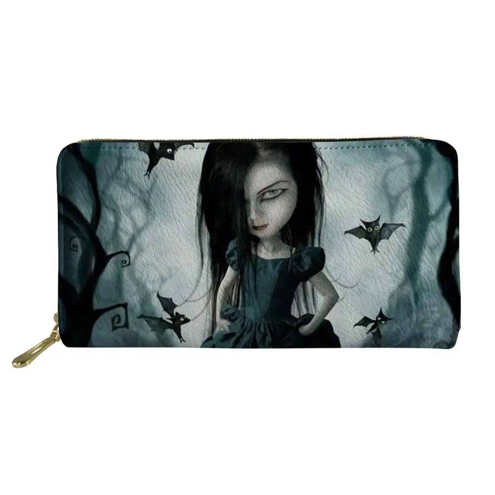 

New Customized Picture PU Leather Wallets Woman Lady Gothic Dark Art Print Zipper Purses Girls Money Coin Bag Long Card Holders