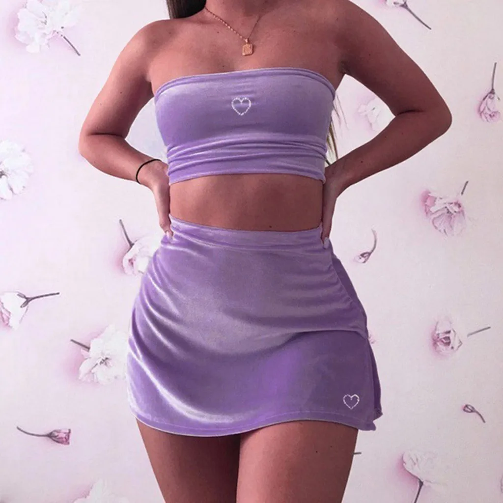

Women Sets Summer Sexy Heart-shaped Hot Drilling Tube Crop Top High Waisted Short Skirt Clubwear Two Piece Outfits Sexy Sets