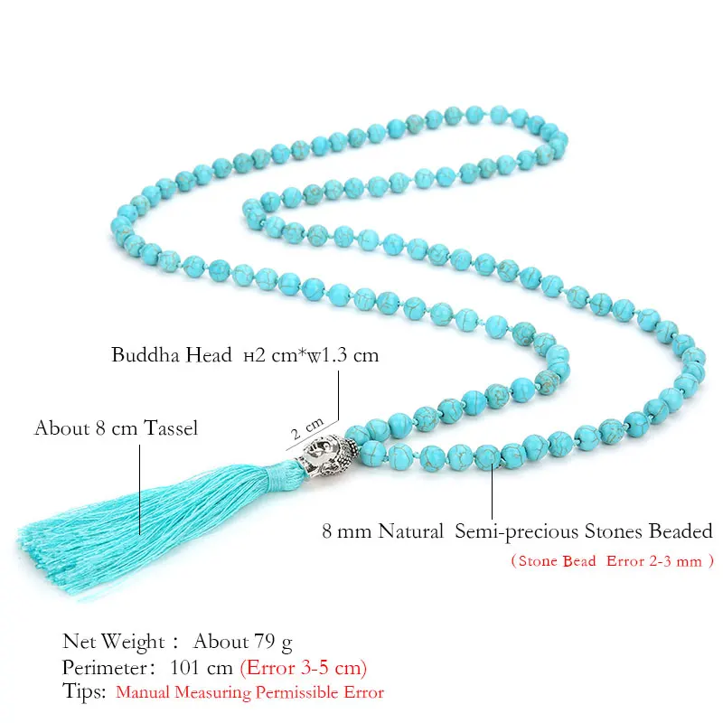 6/8mm blu turchese perline annodato 108 Japa Mala collana meditazione Yoga preghiera nappa tibetana testa di Buddha rosario gioielli