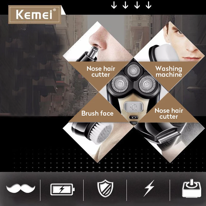 Kemei, 5 в 1, электробритва, для мужчин, триммер для волос в носу, моющийся, 4D, плавающая головка, бритва, триммер для бороды, бритва, резак для волос в носу