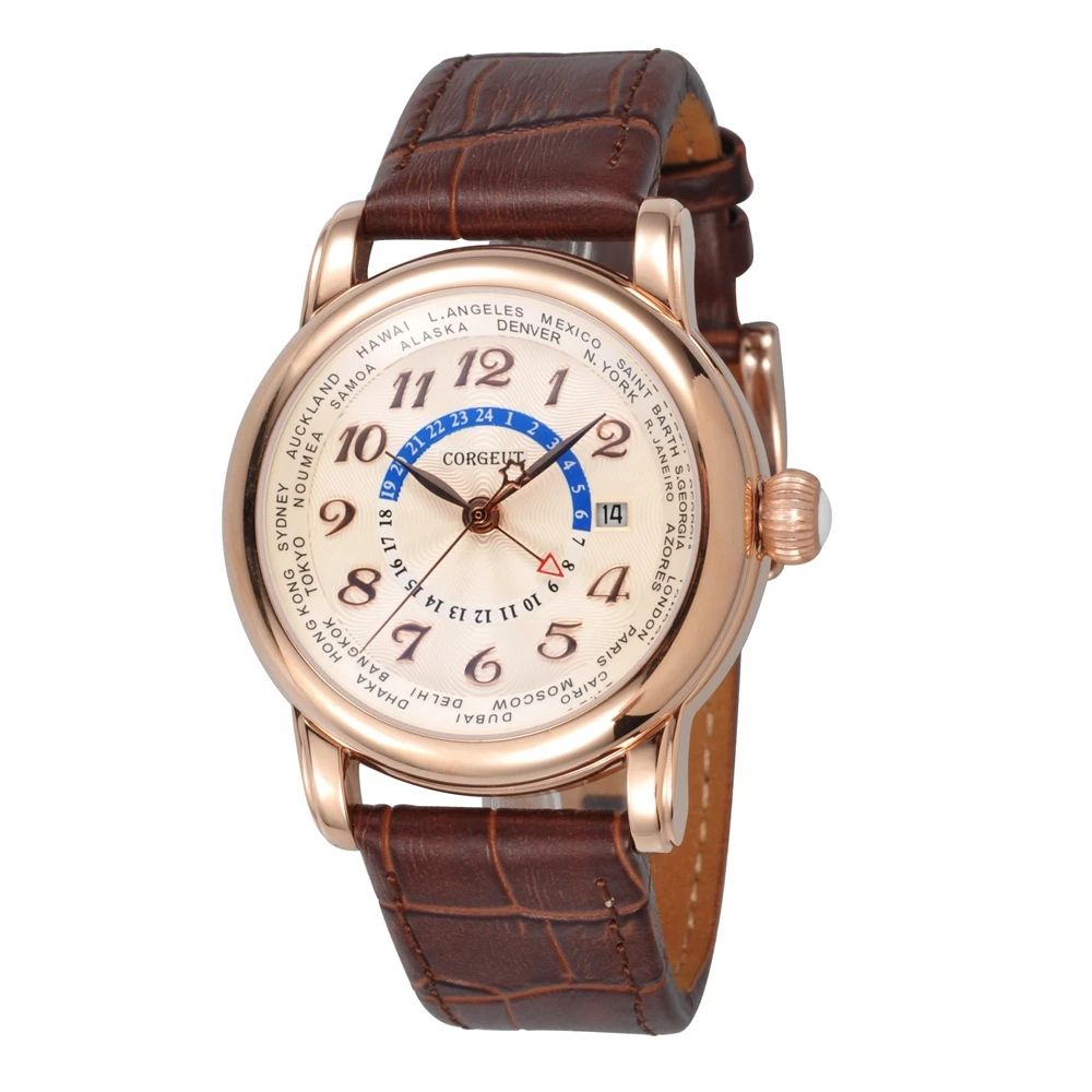 43mmCorgeut man Marchio di Lusso Orologio Meccanico Пелле di Moda Топ Doppio fuso orio GMT автоматические часы мужские