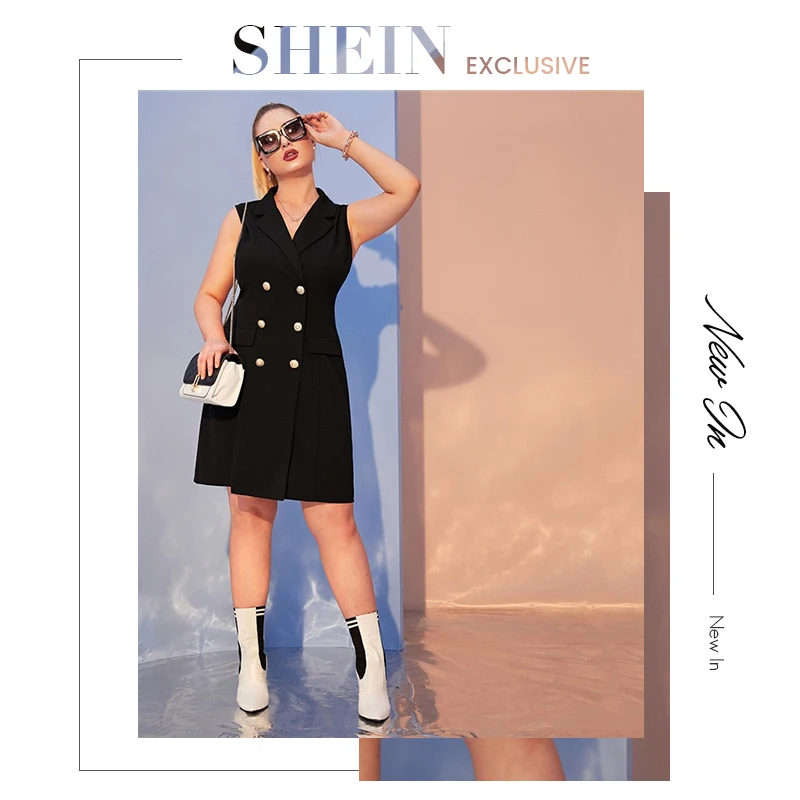 SHEIN плюс размер черный воротник с тупым воротником двубортный жилет Блейзер платье для женщин осенний воротник с отворотом без рукавов элегантные большие платья