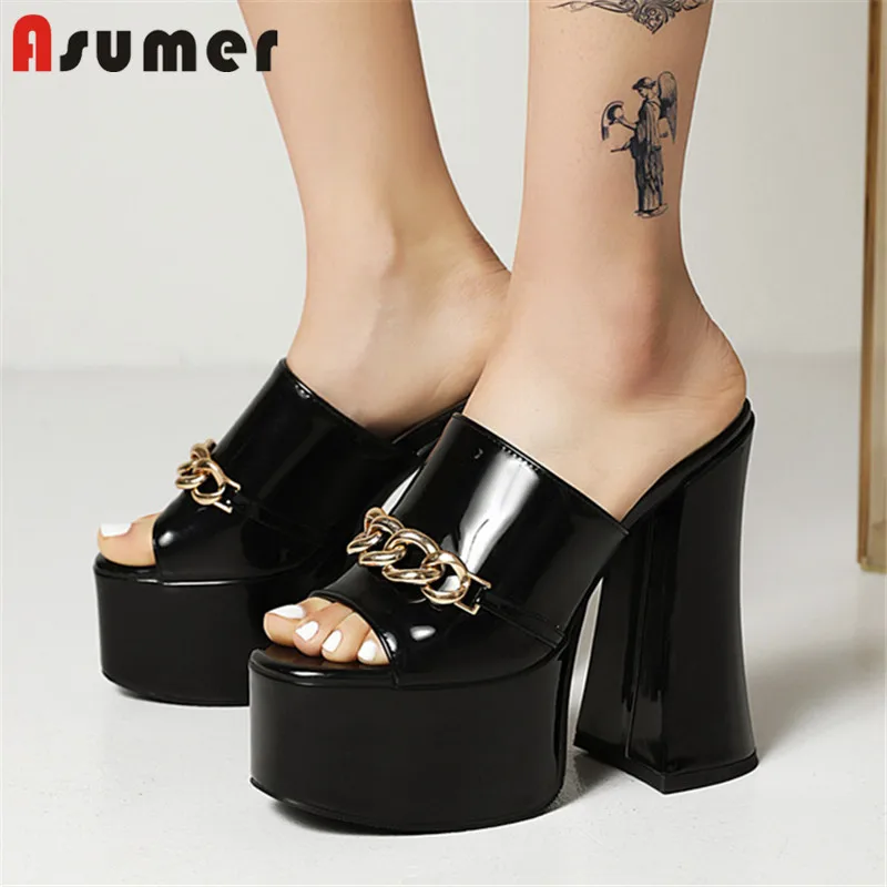 Asumer Summer Slippers New Sexy High Heels Platform Shoes Peep Toe Chain European Style Party Shoes Women Slippers Green