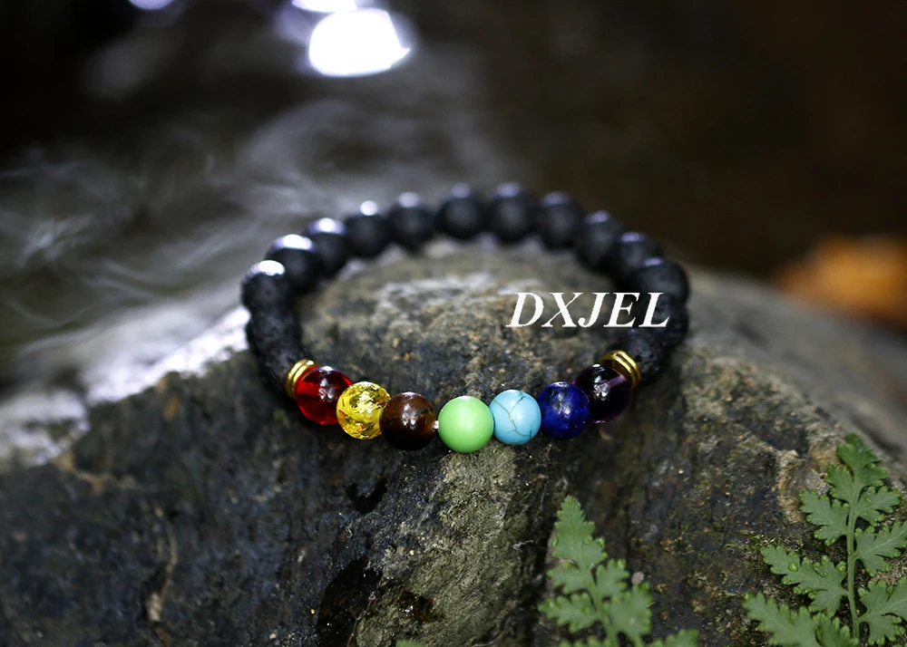 DXJEL, новинка, 7 Чакра, браслет для мужчин, черная лава, исцеляющий баланс, бусины, рейки, Будда, молитва, натуральный камень, Йога, женский браслет