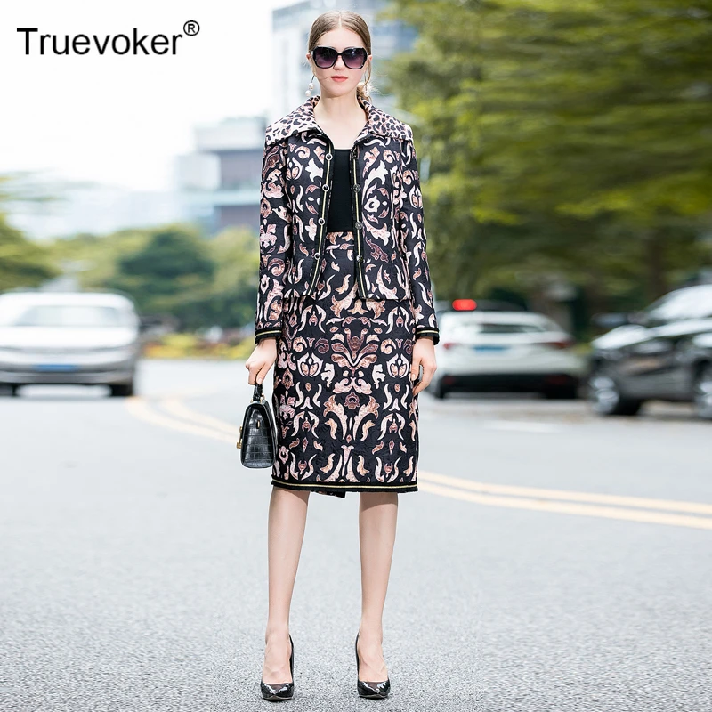 Truevoker Designer Set Suits Women's Long Sleeve Vintage Leopard Printed Embossed Jacket With Pencil Skirt Two Pieces Sets