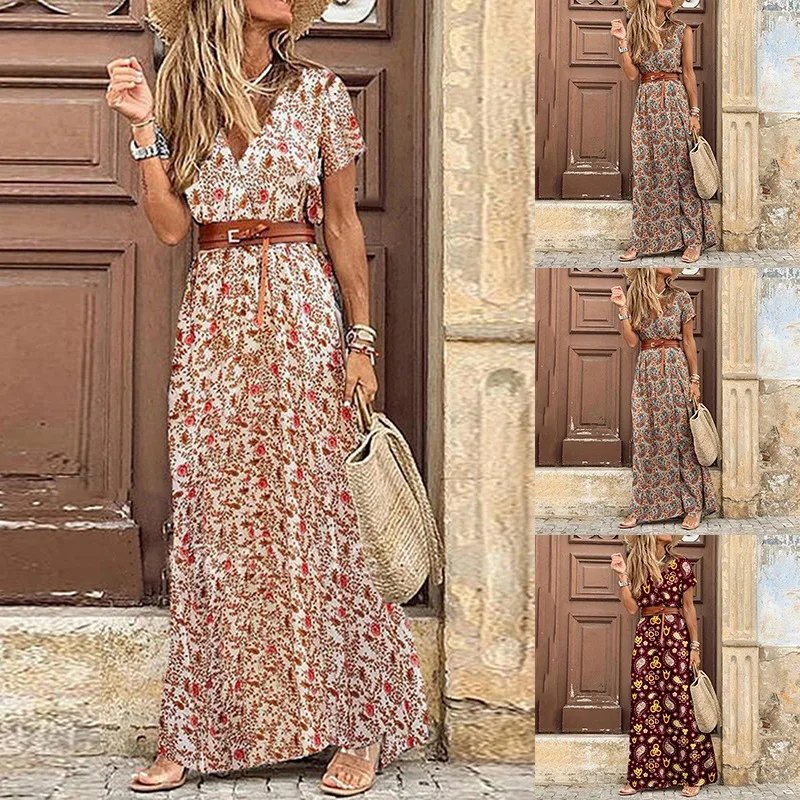 Maxi Boho Dresses For Women V Neck Print Beach Party Dress Elegant Split Short Sleeve Belt Long Summer Nice | Женская одежда
