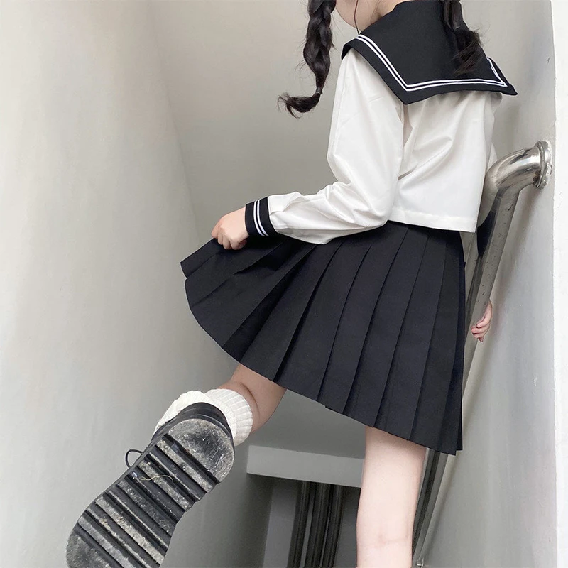 Japanese School Girl Uniform Plus Size JK Black Sailor Basic Cartoon Navy Sailor Uniform sets Navy Costume Women girl costume