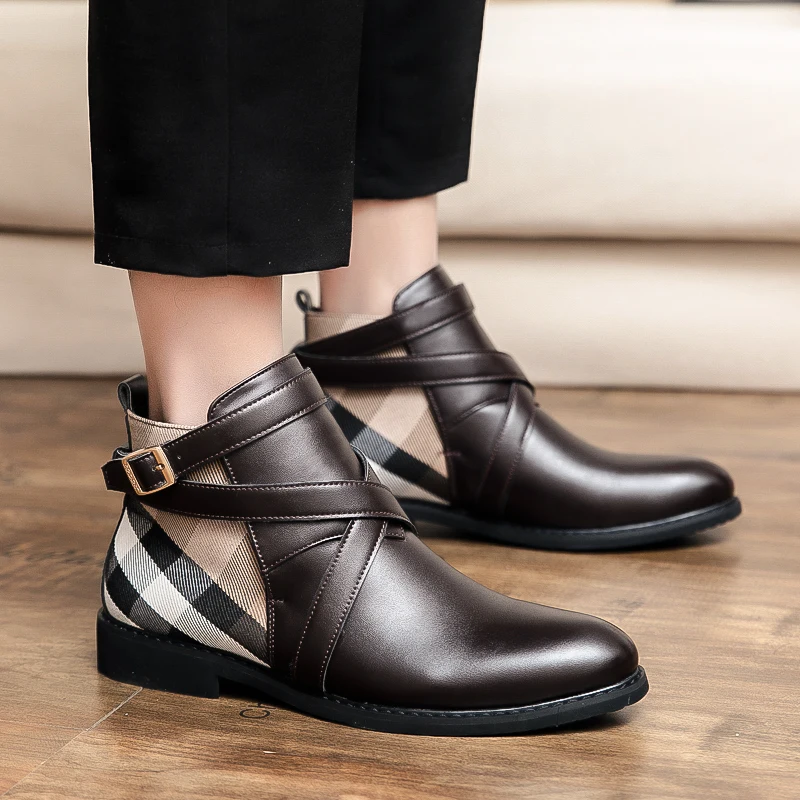 Leather Boots Mens Leather Boots Motorcycle Leather Boots Men Ankle Boots Genuine Leather Dress Shoes Buckle Strap Flats Pointed Toe Motorcycle Boots Casual Nightclub Party Footwear 48