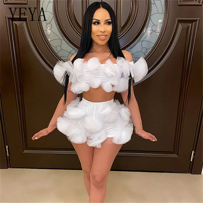 

YEYA Sexy Strapless Mesh Flower Patchwork Two Piece Set Matching Sets for Women Hollow Out Bodycon Summer Party Club Outfits