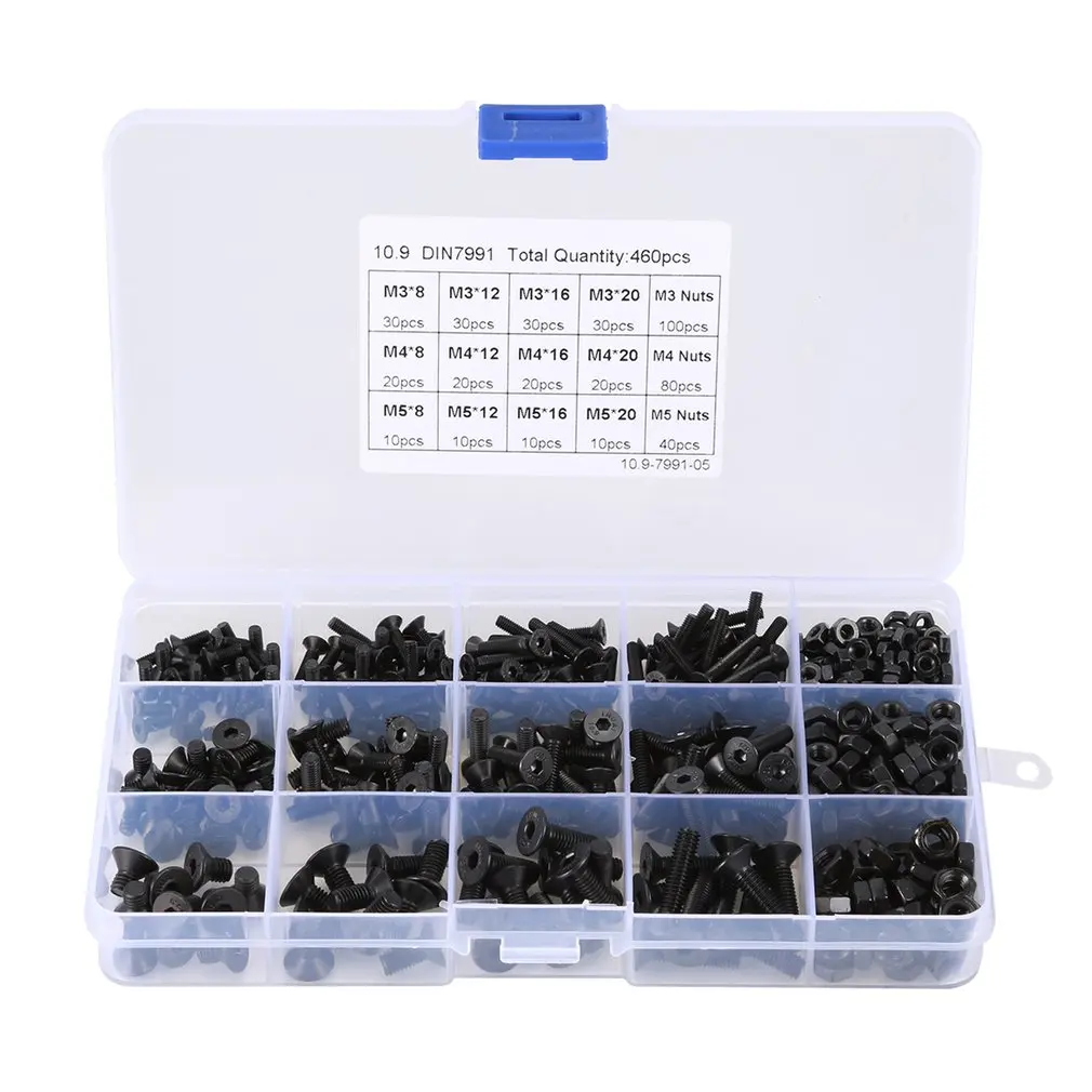 

460PCS M3 M4 M5 Hexagon Hex Socket Flat Head Screws set Stainless Steel Hex Socket Countersunk head Screws with M3 M4 M5 Nuts