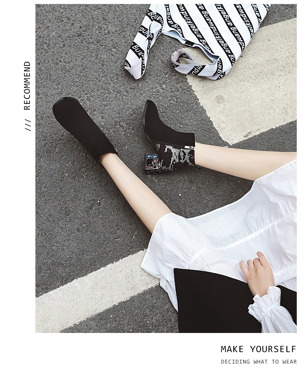 BESCONE Stylish Women Mid-Calf Boots Winter Handmade Snake Pattern Zip Square Heel Shoes Microfiber Round Toe Lady Boots BM307
