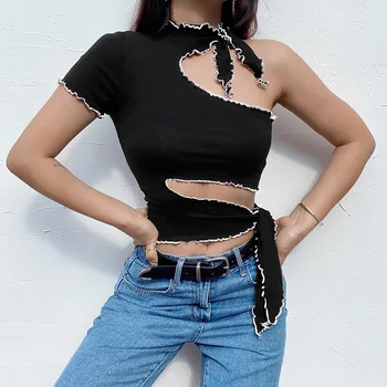

NCLAGEN Street Fashion Hollow Out Bandage Halter T Shirt Summer Short Sleeve Fitness Crop Top Women Irregular Ruched Bodycon Tee