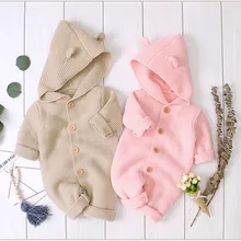 Одежда для новорожденных; свитер комбинезон для мальчиков и девочек; сезон осень-зима; капюшон; теплая хлопковая одежда для новорожденных