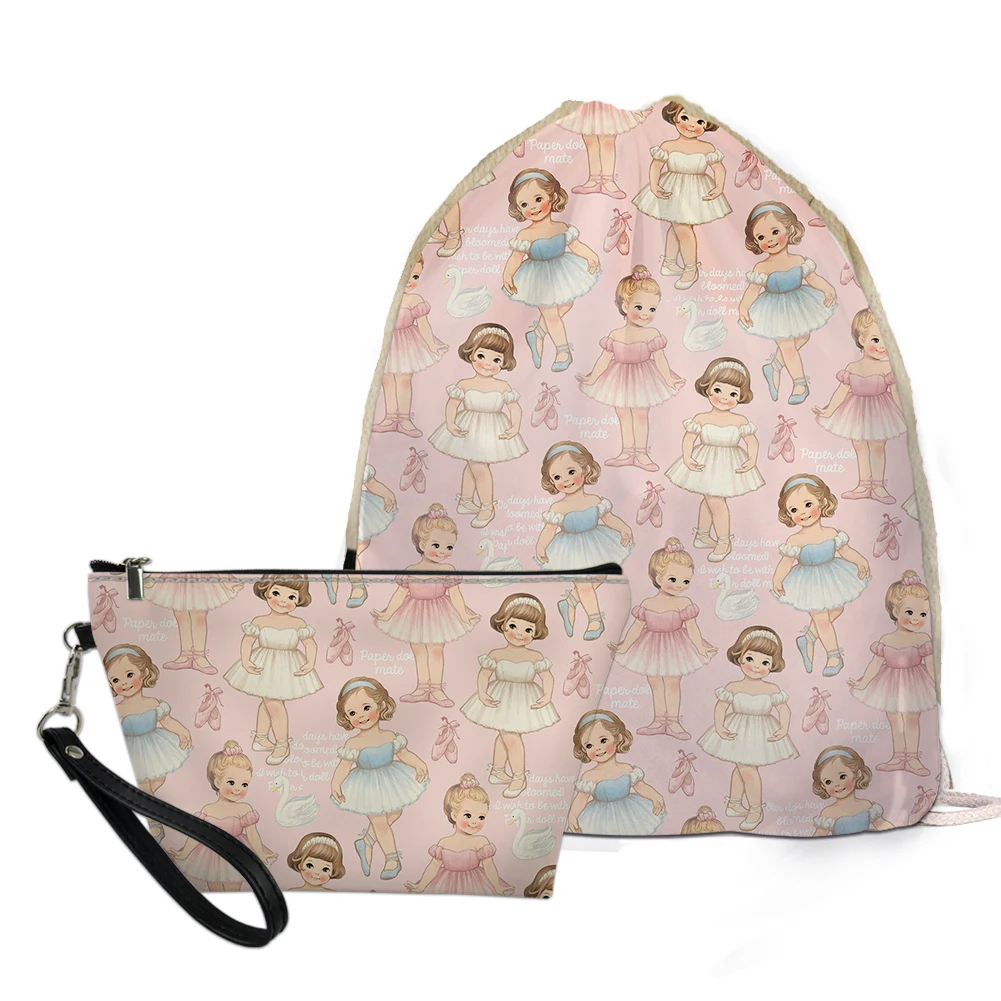

THIKIN 2pcs Cute Pink Cartoon Ballet Girl Print Students Shoes Drawstring Bag for Students School Supplies Make Up Case Pouch