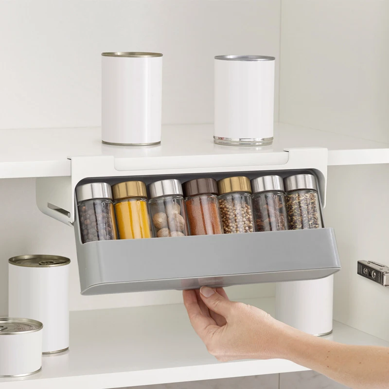

Kitchen Spice Bottle Rack Wall-Mounted Punch-Free Under-Shelf Drawer Type Spice Seasoning Organizer Home Supplies Storage