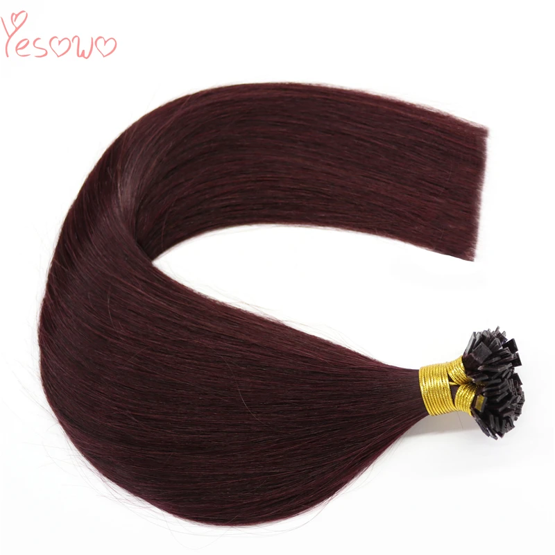 Yesowo 99j # красное вино индийские человеческие волосы для наращивания с кератином 1,0 г/прядь с плоским наконечником бордовые волосы для