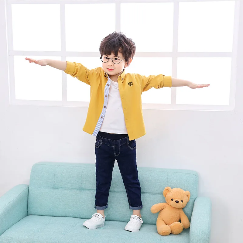 CHILDREN'S Shirt BOY'S Long Sleeve Autumn Clothing Korean-style Casual Pure Cotton Embroidery Shirt Medium-small Childrensw
