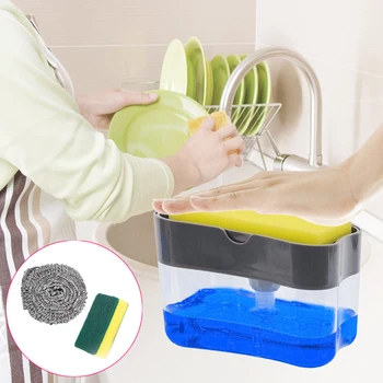 

2in1 Liquid Soap Dispenser Set with Sponge Kitchen Cleaning Tools with Sponge Holder Case Soap Dispenser Pump for Dish Washing
