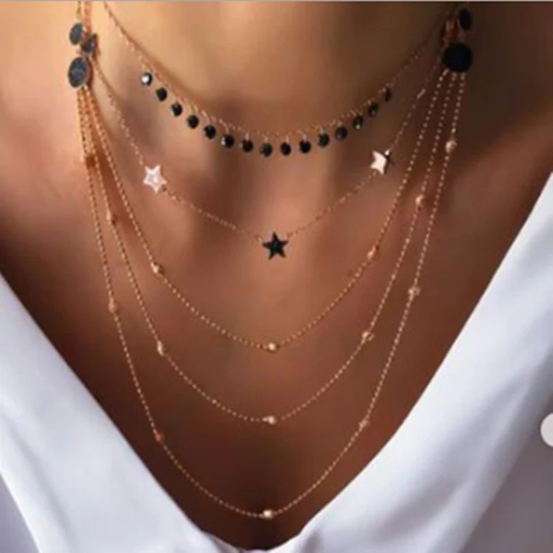 

Fashion Women Jewelry Natural Alloy Gold Color bead Star Pendant Necklace Heart Pendant Necklace Woman Multilaye Choker Necklace
