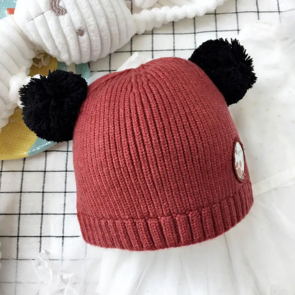 Детские шапочки Skullies Beanies для мальчиков и девочек, зимняя однотонная шапка с мультяшным медведем и помпонами, теплые эластичные модные аксессуары