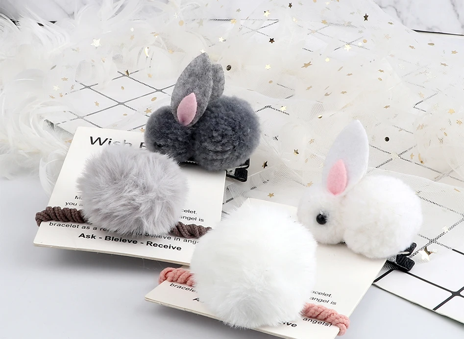 Weiche Hairball Haar Bands Zubehör Nette Plüsch Kaninchen Elastische Haar Krawatten Süße Bunny Haar Clip Headwear Geschenk Für Frauen Mädchen kinder – Detail 7