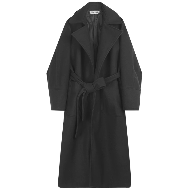 Мужская винтажная свободная повседневная черная Толстая шерстяная ветровка с поясом, Тренч, Мужская Уличная мода, Длинная зимняя куртка, пальто
