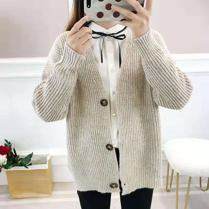 KANCOOLD Winter Women Knitted Cardigan Swearter V Neck Lantern Long Sleeve Solid Loose Thick Knitting Cardigan Female 5 Colors