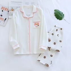 Spring and Autumn Ladies Four Seasons Home Wear 100% Cotton Crepe Cloth Large Size White Home Personality Pajamas Suit