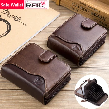 

RFID Blocking Safe Genuine Leather Short Men Wallet Retro Style Quality Cowhide Three Folds Large Capacity Male Purse Card Holde