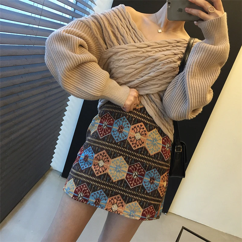 

Women Jacquard Sweater Top Fall Winter Casual Sexy Criss-cross Big V-neck Twist Knit Female Pullover Elegance Loose Solid Jumper