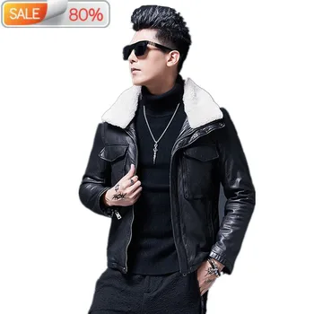 

Leather Winter Men Genuine Sheepskin Coat Lamb Fur Collar Bomber Jacket Chaqueta Hombre MC1AC130 ND1263