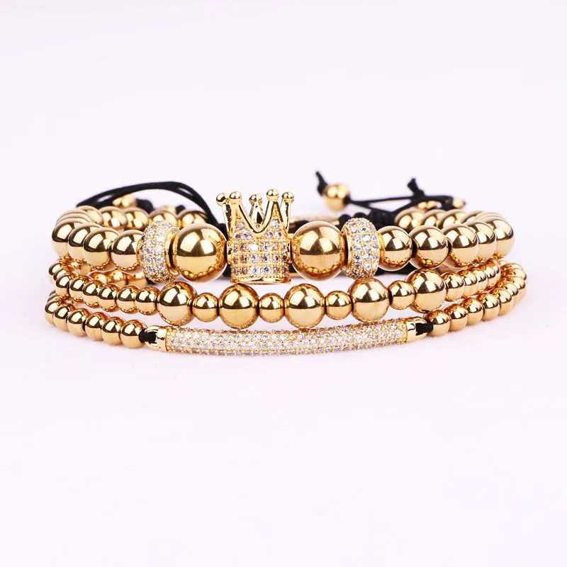 New Fashion Luxury CZ Micro Pave Crown Charm Stainless Steel Beads Friendship Macrame Bracelet Women Men