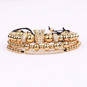 New Fashion Luxury CZ Micro Pave Crown Charm Stainless Steel Beads Friendship Macrame Bracelet Women Men