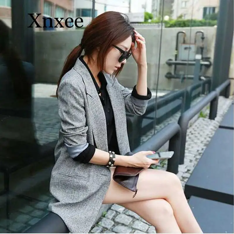2020 Hot Selling Spring Women Casual Long Thin Blazers Coats Notched Collar Full Sleeve Single Button Fashion Cardigans gray