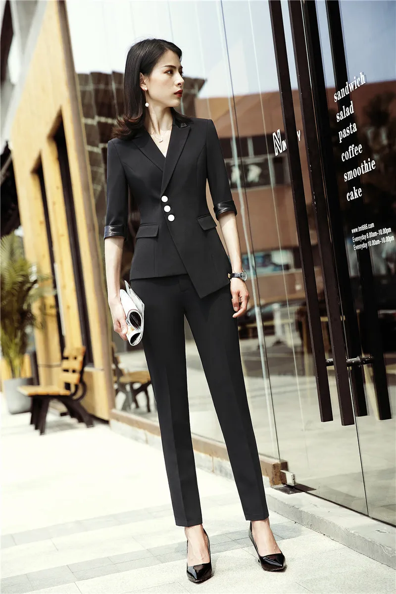 Модные черные пиджаки для женщин бизнес для работы костюмы шт. с 2 шт. карандаш брюки девочек и куртки пальто