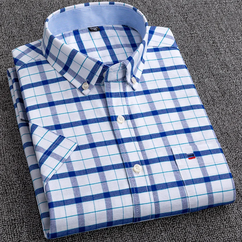 Men's Short Sleeve Oxford Plaid Striped Casual Dress Shirts Front Patch Chest Pocket Regular-fit Button-down Collar Work Shirts casual short sleeved shirt short sleeved shirt button down shirt
