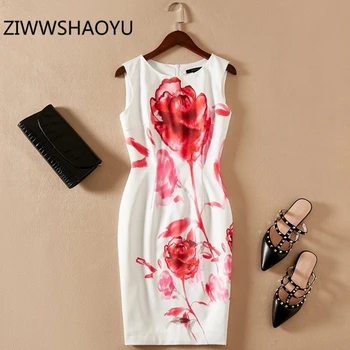 

ZIWWSHAOYU Summer Female White Floral Print Elegant Fashion Party Dress Designer Women Sleeveless Pencil Mini Short Dresses