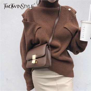 

TWOTWINSTYLE Knitted Women's Sweater Turtleneck Long Sleeve Korean Oversized Pullovers Female 2020 Autumn Winter Fashion New