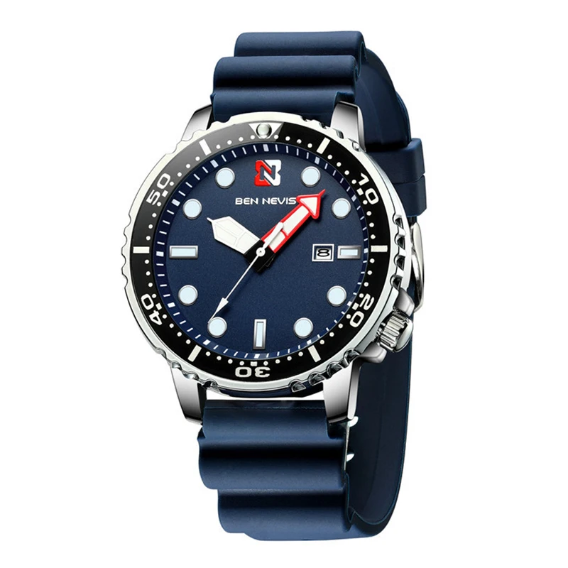 Ben Nevis Мужские Аналоговые кварцевые часы с хронографом и датой, светящиеся стрелки, водонепроницаемые мужские наручные часы с силиконовым резиновым ремешком - Цвет: Синий