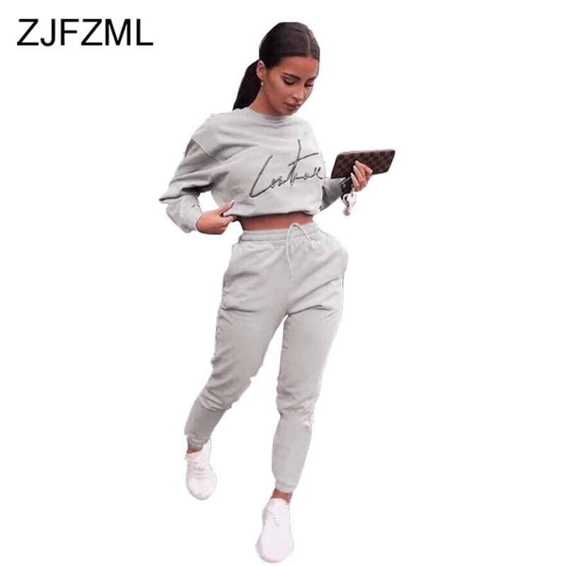 Letter Print Sportswear 2 Piece Set Sweatsuit for Women Round Neck Long Sleeve Crop T Shirts and Straight Pants Matching Set