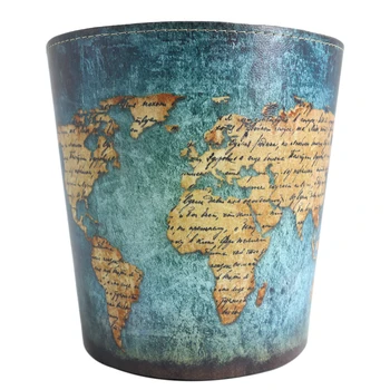 

10L European Style Retro PU Leather Wastebasket Paper Basket Trash Can Dustbin Garbage Bin Without Lid - World Map Pattern