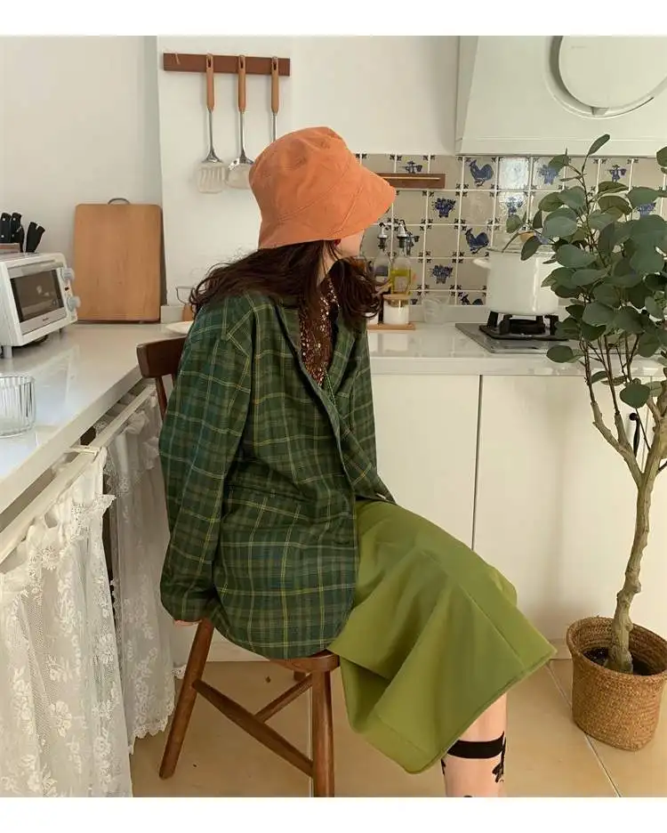 Bella Philosophy осенний женский Зеленый Клетчатый Блейзер офисная Дамская однобортная верхняя одежда женский зазубренный воротник свободные куртки
