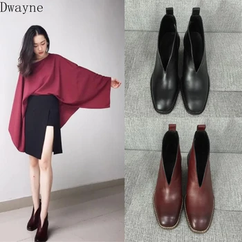 

Autumn square head with women's ankle boots high heel leather boots women's boots winter v mouth single boots