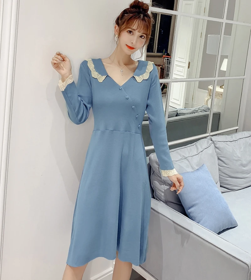 

Korrean Sweater Dress Fashion Women Knitted Dresses Elegant Women High Waist Pleated Sweaters Dress Winter Women Dresses Vintage